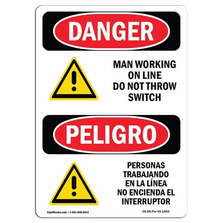 SIGNMISSION OSHA Sign, Man Working Line Not Throw Switch Bilingual, 7in X 5in Decal, 5" W, 7" L, Spanish OS-DS-D-57-VS-1445